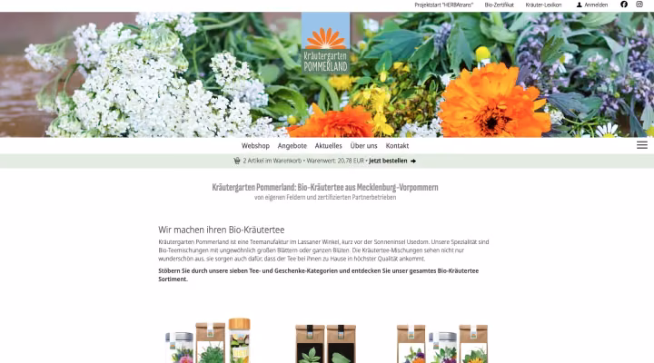 Individuell gestalteter Webshop für Kräutergarten Pommerland mit Produktverwaltung, Bestellabwicklung und redaktionellen Inhalten