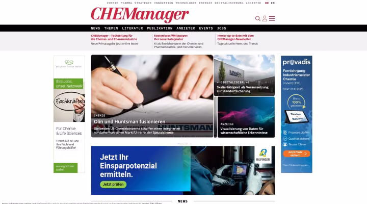 Online-Journal CHEManager mit individueller Fachverlags-Plattform für Nachrichten, Publikationen, Anbieterverzeichnisse, Events und digitale Fachinhalte