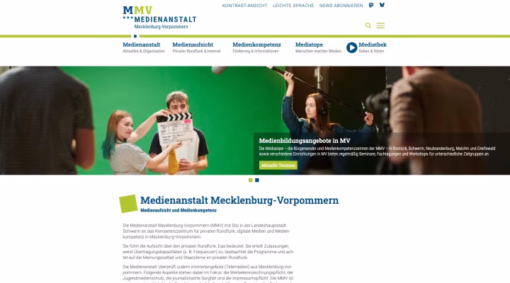 Website der Medienanstalt Mecklenburg-Vorpommern mit barrierefreien Inhalten, Mediathek, Veranstaltungsverwaltung und redaktionellen Funktionen